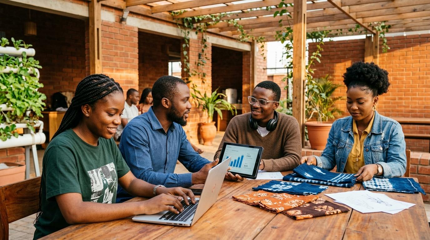 Young Nigerian tech builders, creative designers, and agricultural innovators collaborating in Oyo State